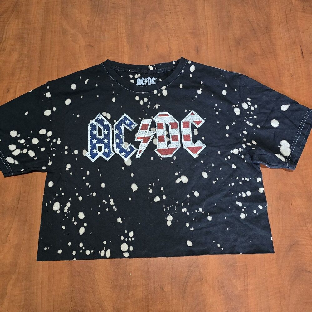 ACDC Womens Bleach Dyed SS Cropped Americana Double Sided 1980 US Tour Tee M